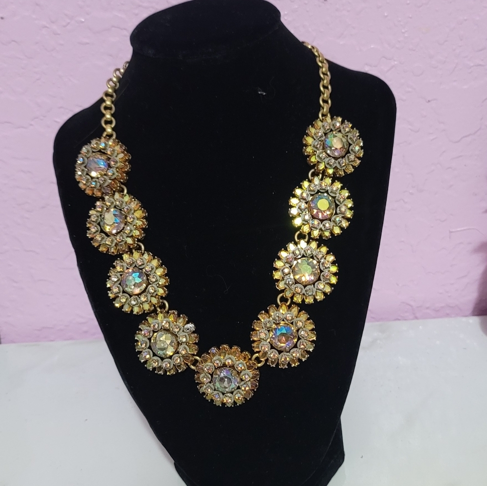 J. Crew Vintage Topaz Aurora Borealis Rhinestone Gold Statement Necklace
